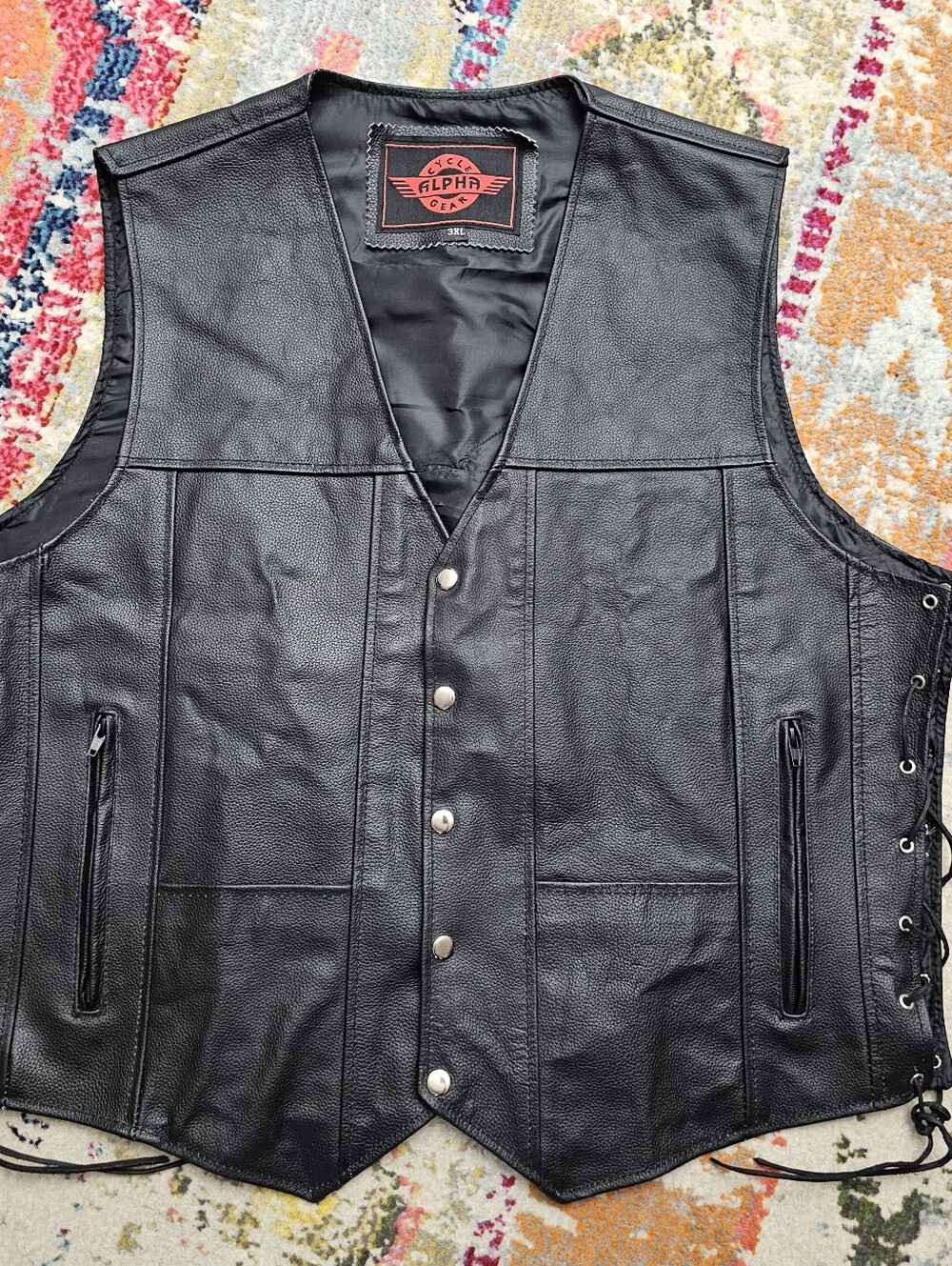 Alpha Cycle Gear Vest Mens 3XL XXXL Victory Speed Racing Skull Patch Snap Button